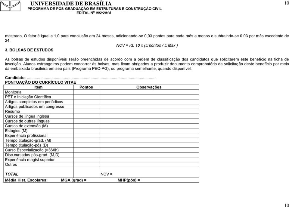 Alunos estrangeiros podem concorrer às bolsas, mas ficam obrigados a produzir documento comprobatório da solicitação deste benefício por meio da embaixada brasileira em seu país (Programa PEC-PG), ou