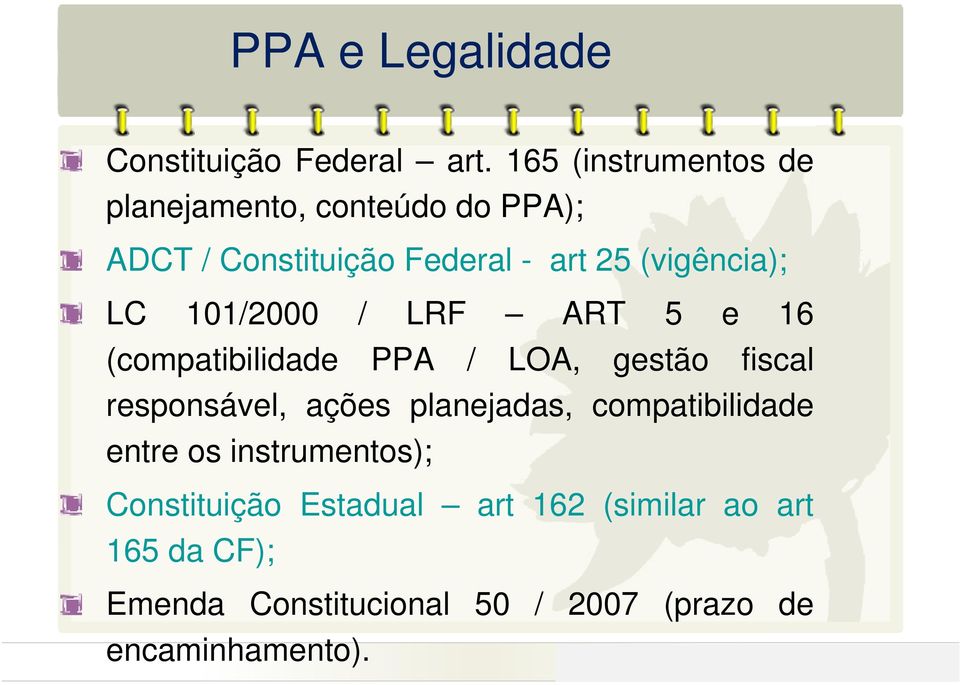 (vigência); LC 101/2000 / LRF ART 5 e 16 (compatibilidade PPA / LOA, gestão fiscal responsável,