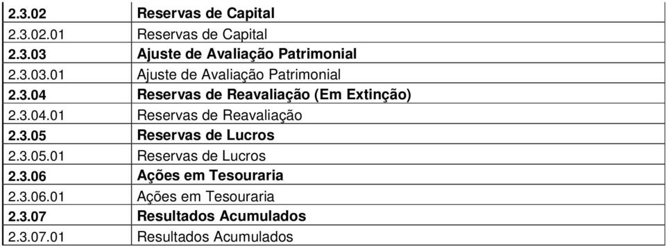 3.05 Reservas de Lucros 2.3.05.01 Reservas de Lucros 2.3.06 Ações em Tesouraria 2.3.06.01 Ações em Tesouraria 2.