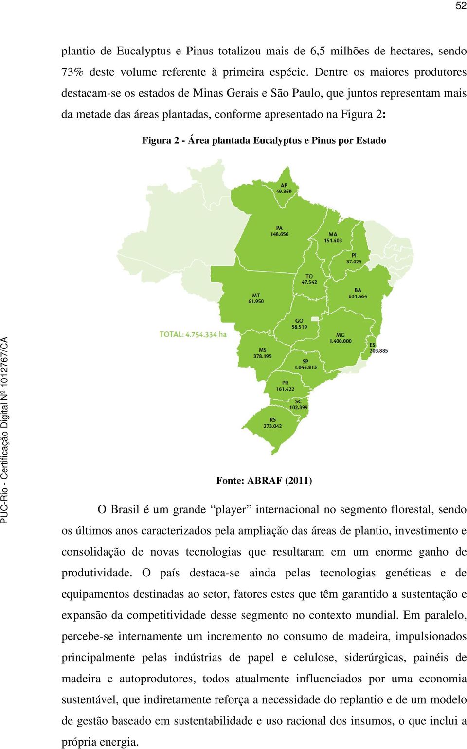 Eucalyptus e Pinus por Estado Fonte: ABRAF (2011) O Brasil é um grande player internacional no segmento florestal, sendo os últimos anos caracterizados pela ampliação das áreas de plantio,