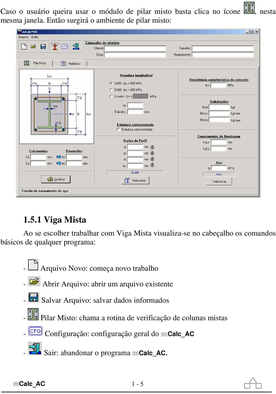 Novo: começa novo trabalho - Abrir Arquivo: abrir um arquivo existente - Salvar Arquivo: salvar dados informados - Pilar Misto: chama a