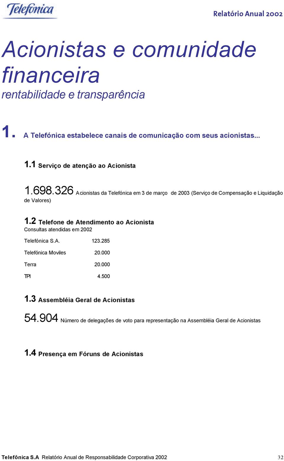 2 Telefone de Atendimento ao Acionista Consultas atendidas em 2002 Telefónica S.A. 123.285 Telefónica Moviles 20.000 Terra 20.000 TPI 4.500 1.