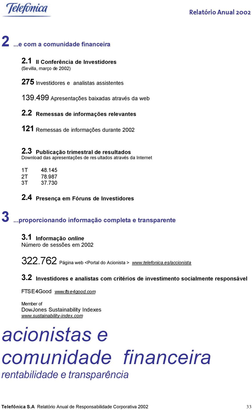 987 3T 37.730 2.4 Presença em Fóruns de Investidores 3...proporcionando informação completa e transparente 3.1 Informação online Número de sessões em 2002 322.