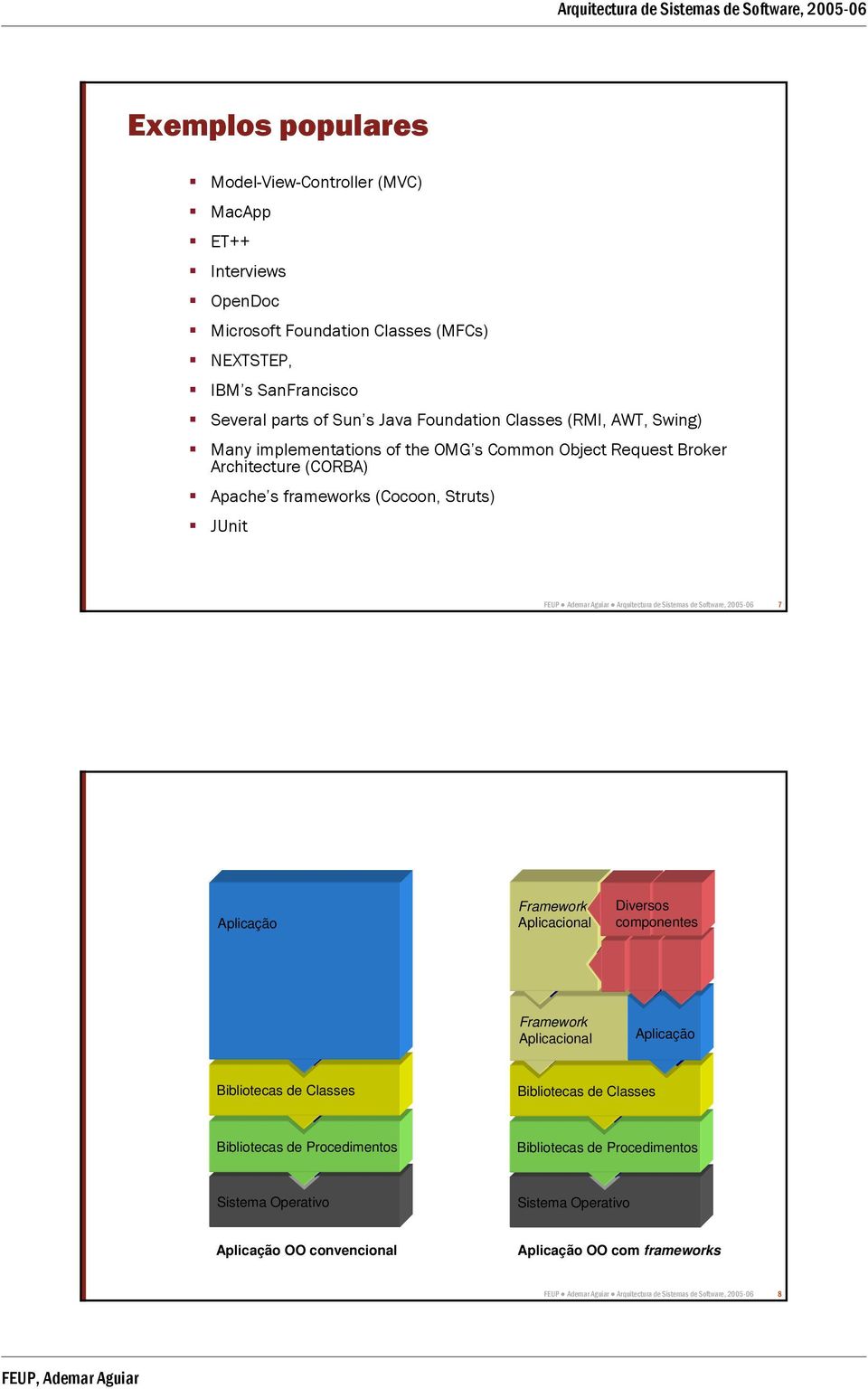 Sistemas de Software, 2005-06 7 Aplicação Framework Aplicacional Diversos componentes Framework Aplicacional Aplicação Bibliotecas de Classes Bibliotecas de Classes Bibliotecas de