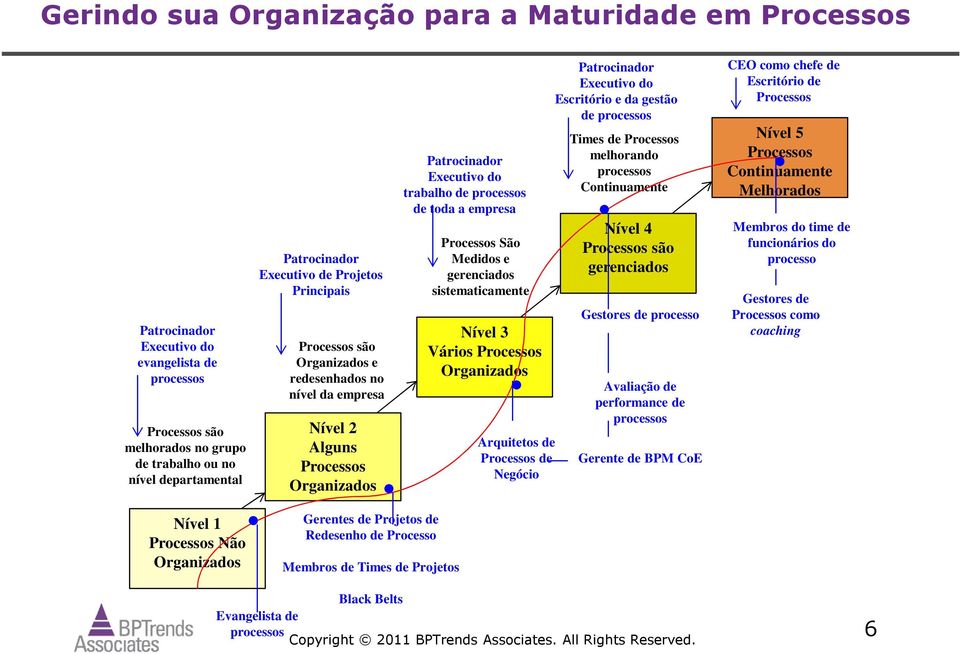 Processos São Medidos e gerenciados sistematicamente Nível 3 Vários Processos Organizados Arquitetos de Processos de Negócio Patrocinador Executivo do Escritório e da gestão de processos Times de