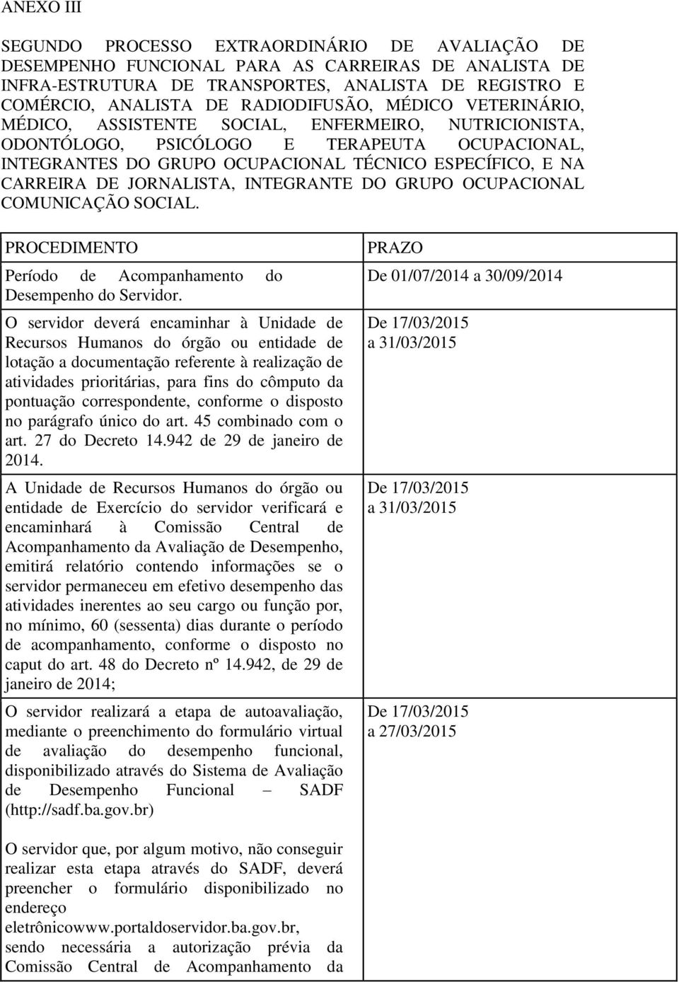 CARREIRA DE JORNALISTA, INTEGRANTE DO GRUPO OCUPACIONAL COMUNICAÇÃO SOCIAL. PROCEDIMENTO Período de Acompanhamento do Desempenho do Servidor.