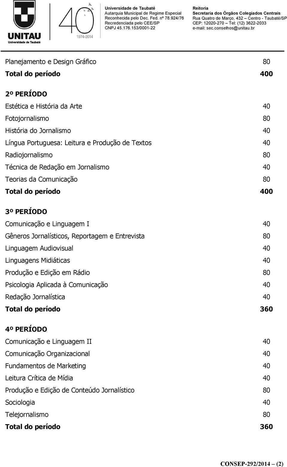 Linguagem Audiovisual 40 Linguagens Midiáticas 40 Produção e Edição em Rádio 80 Psicologia Aplicada à Comunicação 40 Redação Jornalística 40 4º PERÍODO Comunicação e Linguagem