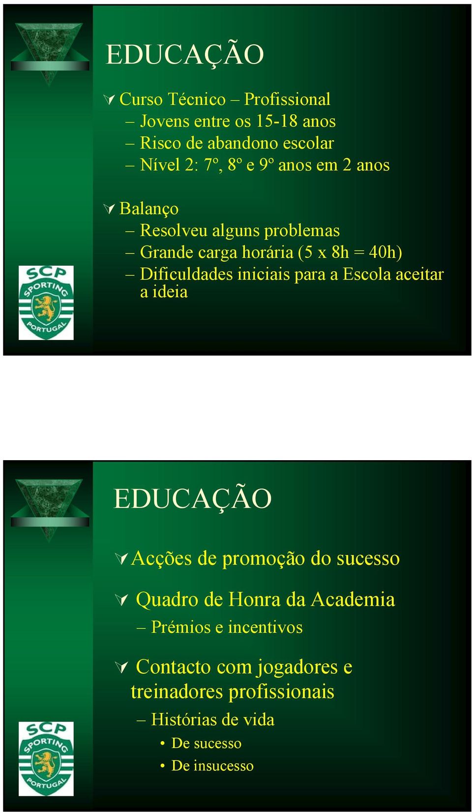 iniciais para a aceitar a ideia EDUCAÇÃO Acções de promoção do sucesso Quadro de Honra da Academia