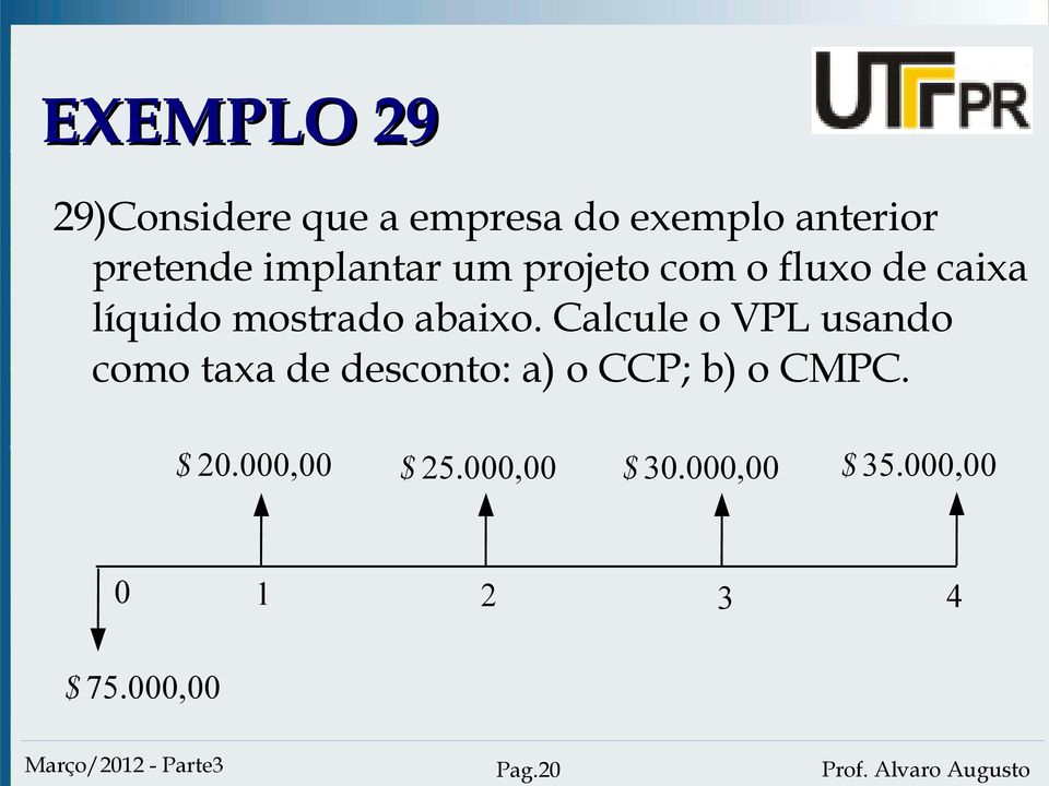 Calcule o VPL usando como taxa de desconto: a) o CCP; b) o CMPC.