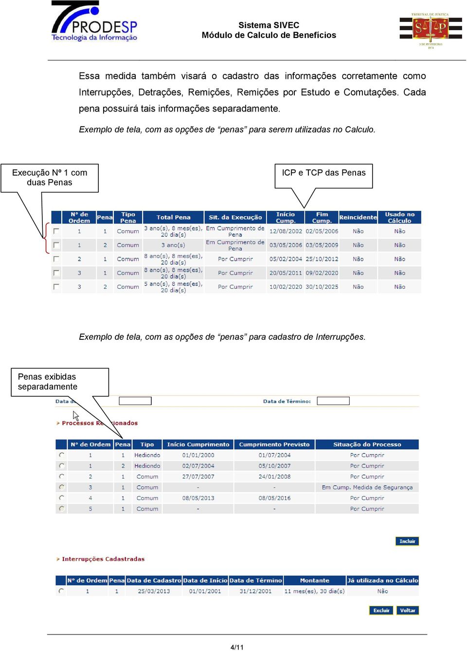 Exemplo de tela, com as opções de penas para serem utilizadas no Calculo.