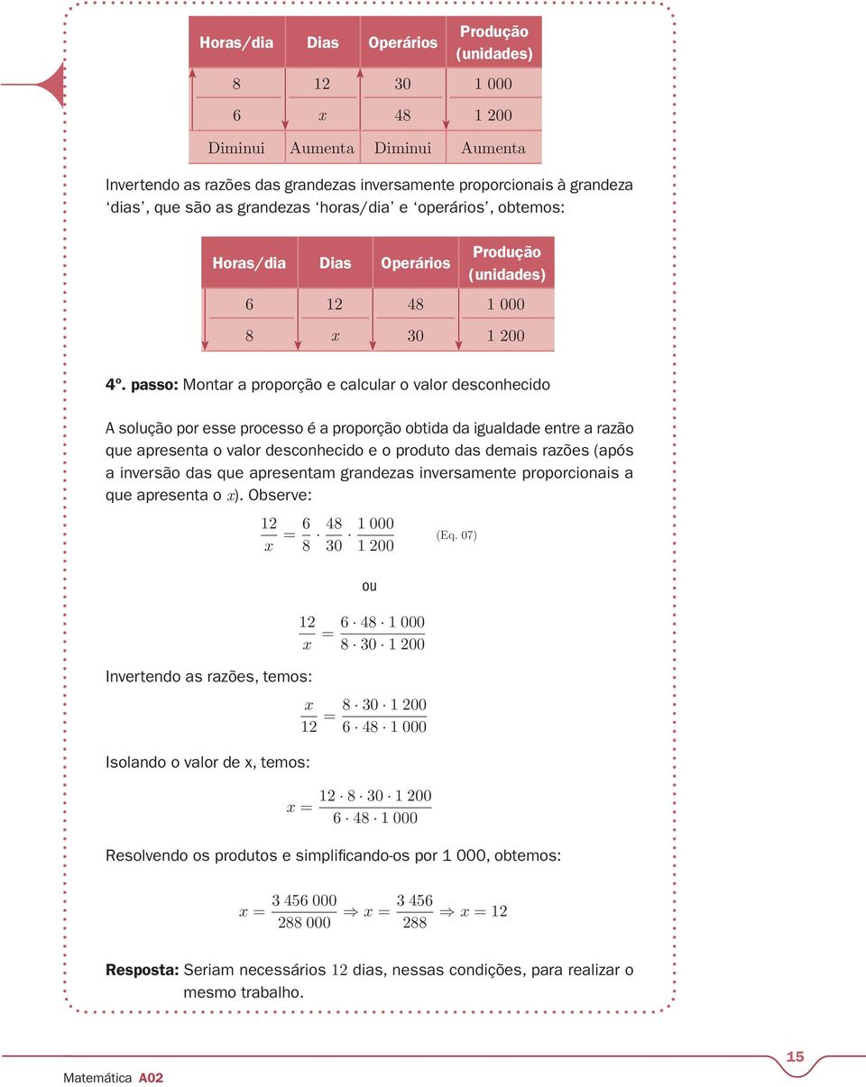 passo: Montar a proporção e calcular o valor desconhecido A solução por esse processo é a proporção obtida da igualdade entre a razão que apresenta o valor desconhecido e o produto das demais razões