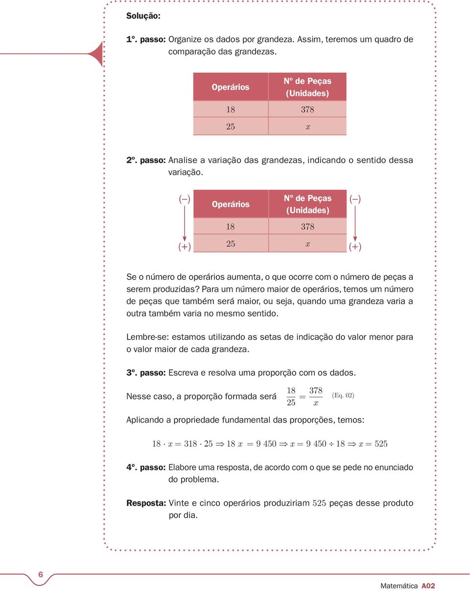 ( ) (+) Operários Nº de Peças (Unidades) 18 378 25 x ( ) (+) Se o número de operários aumenta, o que ocorre com o número de peças a serem produzidas?