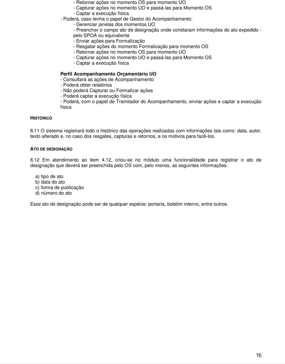 momento Formalização para momento OS - Retornar ações no momento OS para momento UO - Capturar ações no momento UO e passá-las para Momento OS - Captar a execução física Perfil Acompanhamento