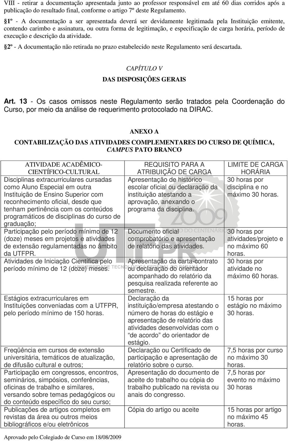 período de execução e descrição da atividade. 2º - A documentação não retirada no prazo estabelecido neste Regulamento será descartada. CAPÍTULO V DAS DISPOSIÇÔES GERAIS Art.