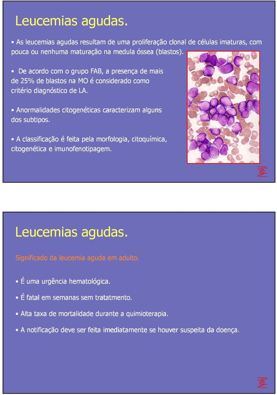 Anormalidades citogenéticas caracterizam alguns dos subtipos. A classificação é feita pela morfologia, citoquímica, citogenética e imunofenotipagem. Leucemias agudas.