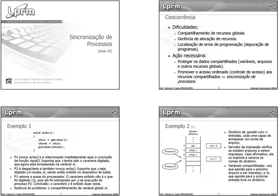 compartilhados ordenado programação (depuração de 2 sincronização (controle (variáveis, Sistemas acesso) arquivos Operacionais aos Exemplo 2008/1 Profa. Patrícia P1invoca D.