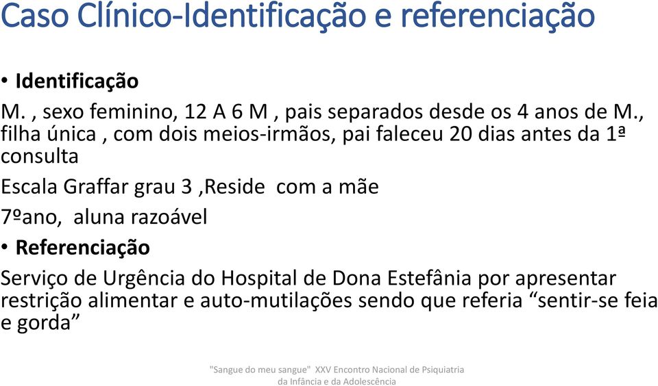 , filha única, com dois meios-irmãos, pai faleceu 20 dias antes da 1ª consulta Escala Graffar grau