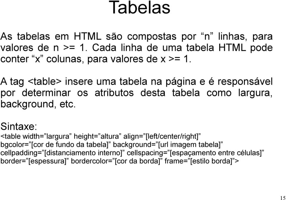 A tag <table> insere uma tabela na página e é responsável por determinar os atributos desta tabela como largura, background, etc.