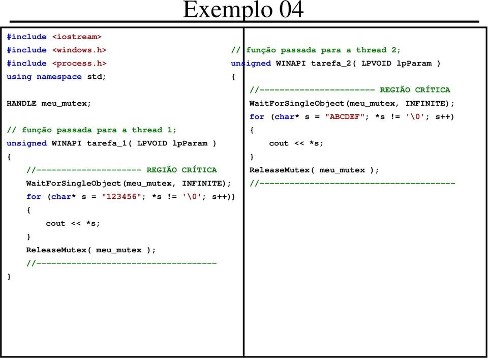 WaitForSingleObject(meu_mutex, INFINITE); for (char* s = "ABCDEF"; *s!