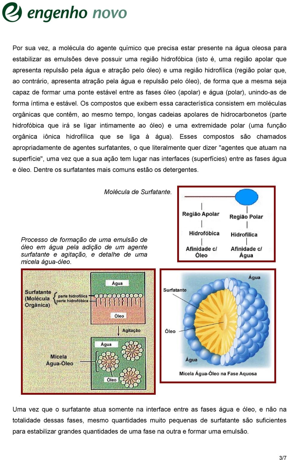 entre as fases óleo (apolar) e água (polar), unindo-as de forma íntima e estável.