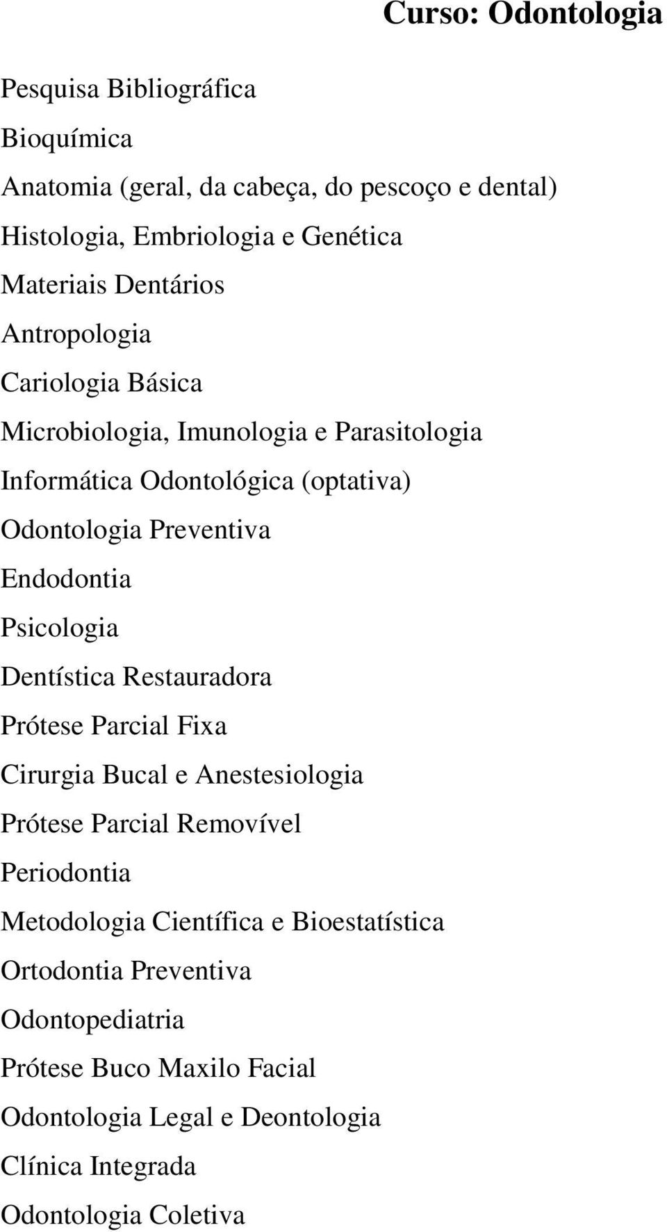 Endodontia Psicologia Dentística Restauradora Prótese Parcial Fixa Cirurgia Bucal e Anestesiologia Prótese Parcial Removível Periodontia Metodologia