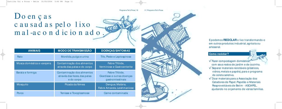 fezes, das patas e do corpo Febre Tifóide, Verminose e Gastroenterite Febre Tifóide, Giardíase e outras doenças gastrointestinais Mosquito Picada da fêmea Dengue, Malária, Febre Amarela, Leishmaniose