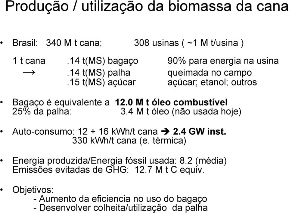 4 M t óleo (não usada hoje) Auto-consumo: 12 + 16 kwh/t cana 2.4 GW inst. 330 kwh/t cana (e.