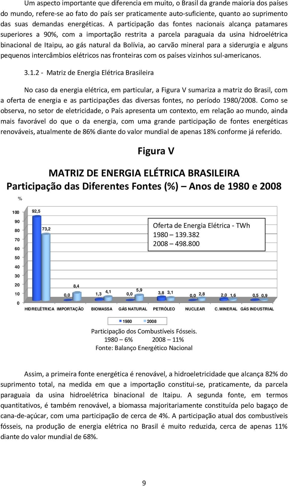 A participação das fontes nacionais alcança patamares superiores a 90%, com a importação restrita a parcela paraguaia da usina hidroelétrica binacional de Itaipu, ao gás natural da Bolívia, ao carvão