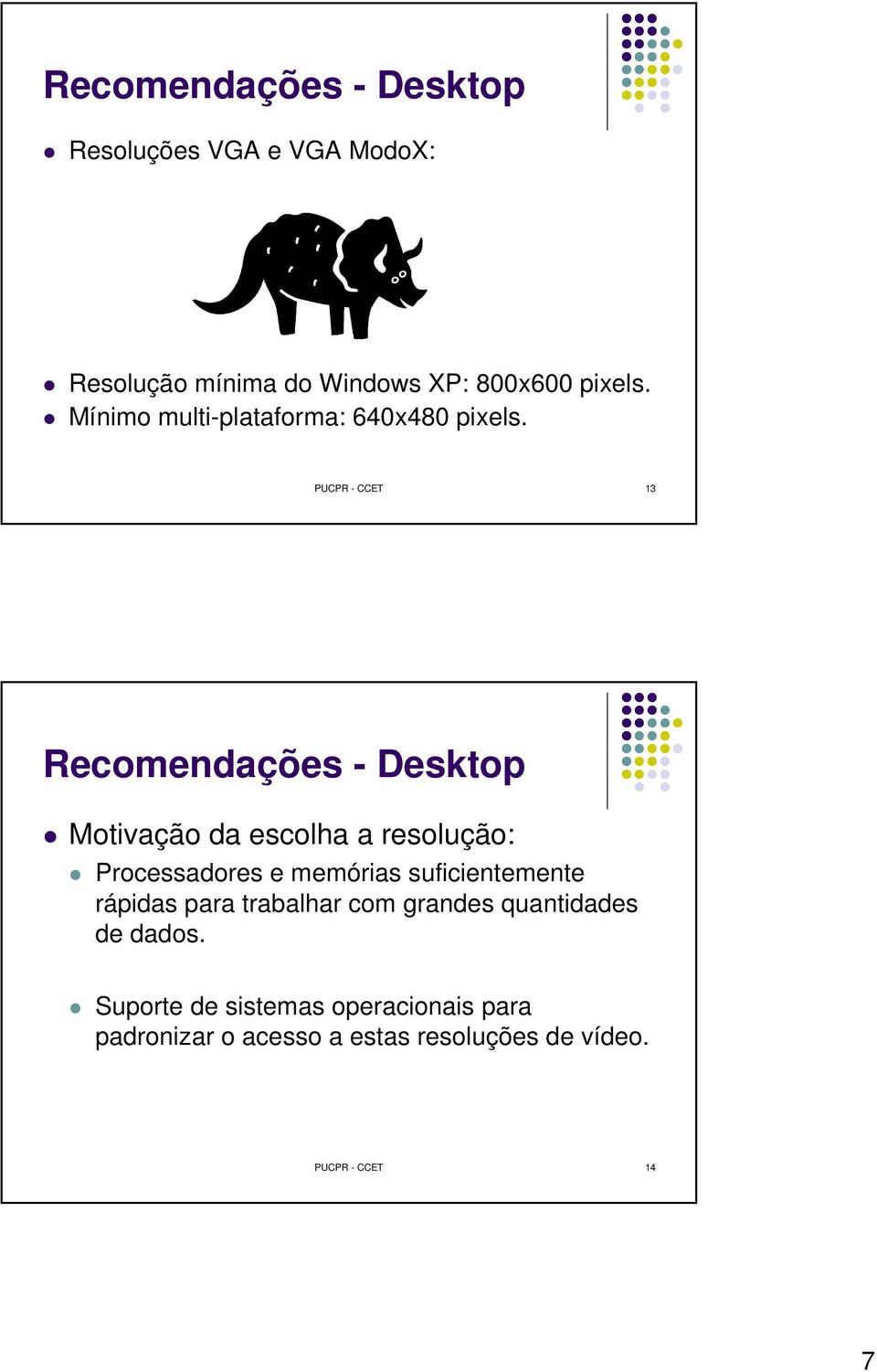 PUCPR - CCET 13 Recomendações - Desktop Motivação da escolha a resolução: Processadores e memórias