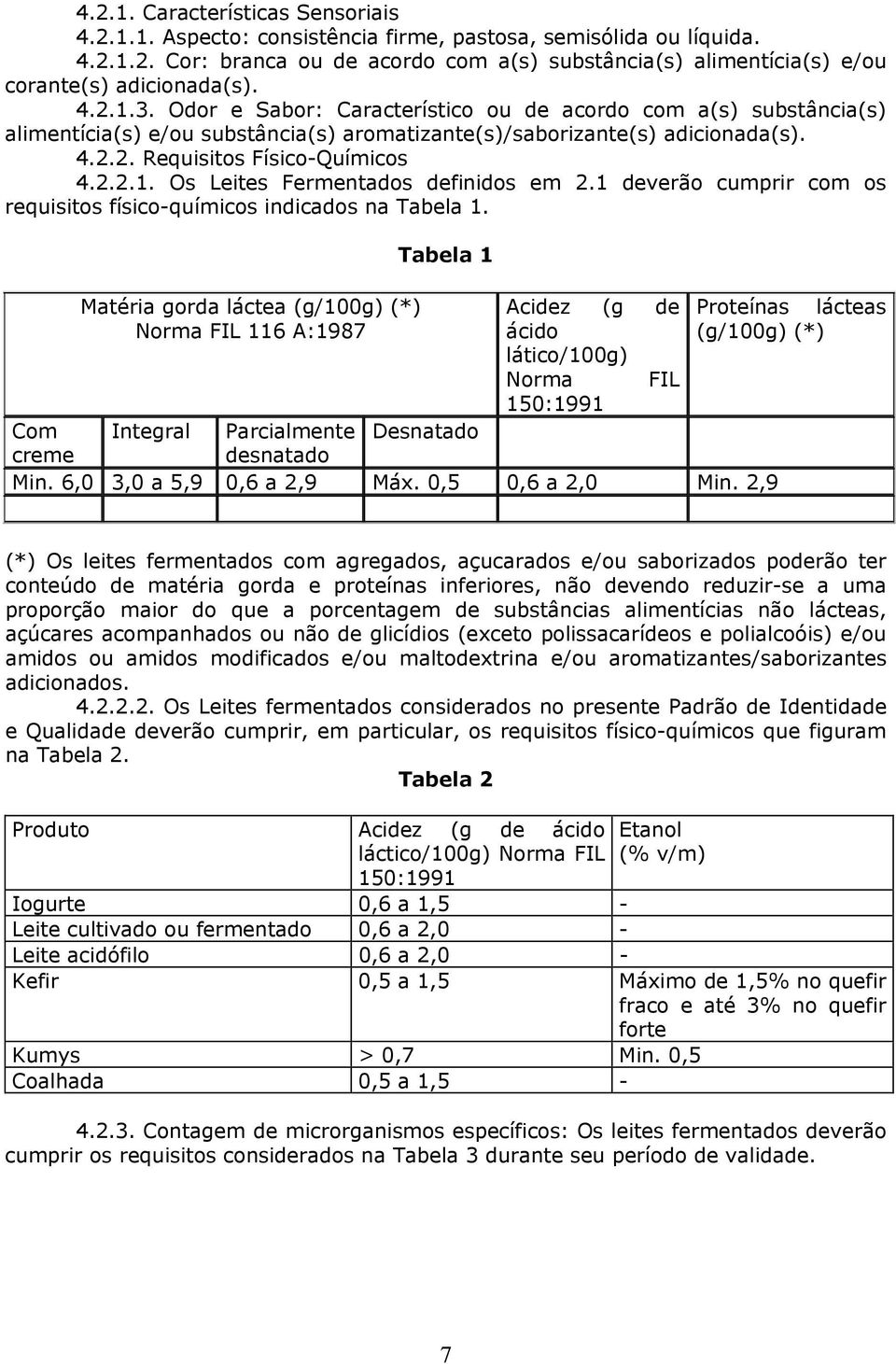 1 deverão cumprir com os requisitos físico-químicos indicados na Tabela 1.