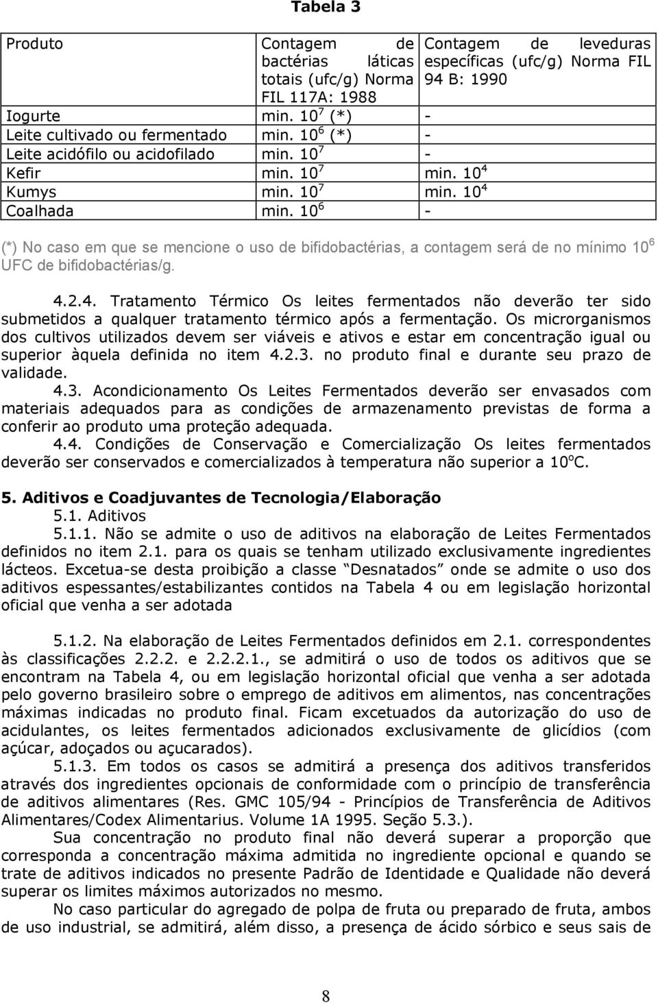 10 6 - (*) No caso em que se mencione o uso de bifidobactérias, a contagem será de no mínimo 10 6 UFC de bifidobactérias/g. 4.