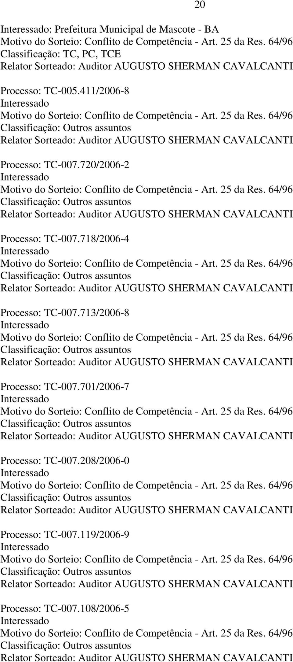 64/96 Classificação: Outros assuntos Relator Sorteado: Auditor AUGUSTO SHERMAN CAVALCANTI Processo: TC-007.720/2006-2 Interessado Motivo do Sorteio: Conflito de Competência - Art. 25 da Res.