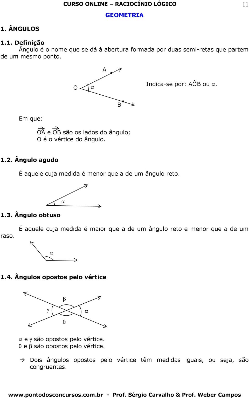 É quele cuj medid é mior que de um ângulo reto e menor que de um α 1.4. Ângulos opostos pelo vértice β γ α θ α e γ são opostos pelo vértice.