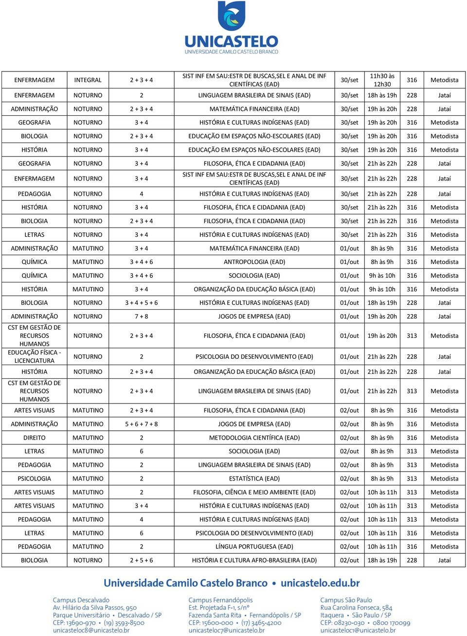 3 + 4 EDUCAÇÃO EM ESPAÇOS NÃO-ESCOLARES 30/set 19h às 20h 316 Metodista HISTÓRIA NOTURNO 3 + 4 EDUCAÇÃO EM ESPAÇOS NÃO-ESCOLARES 30/set 19h às 20h 316 Metodista GEOGRAFIA NOTURNO 3 + 4 FILOSOFIA,