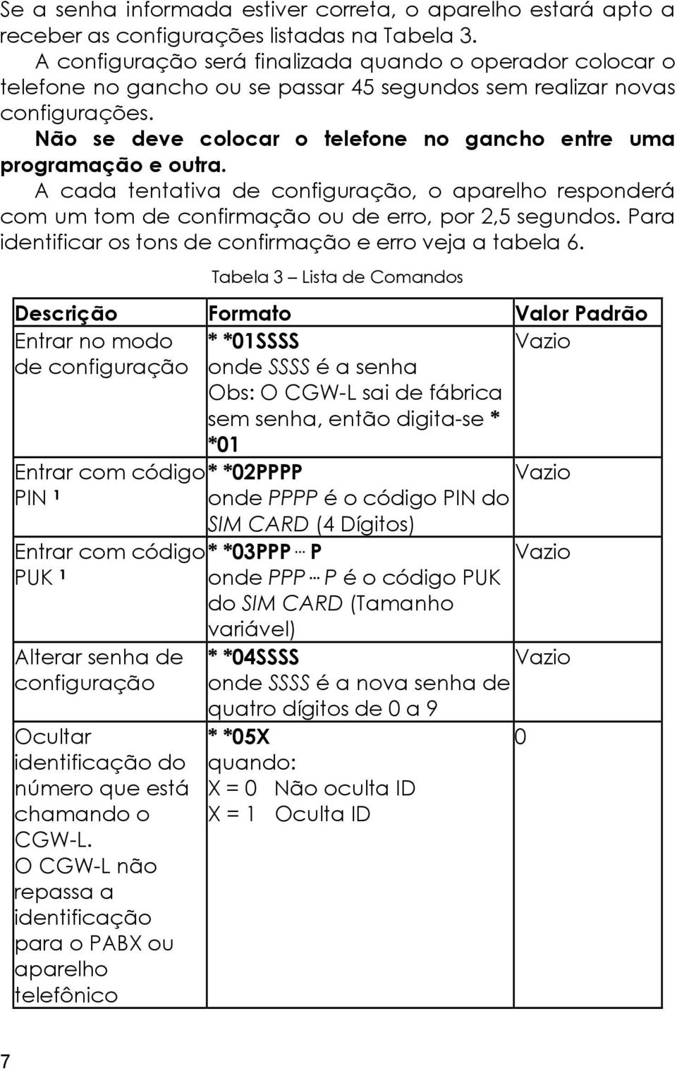 Não se deve colocar o telefone no gancho entre uma programação e outra. A cada tentativa de configuração, o aparelho responderá com um tom de confirmação ou de erro, por 2,5 segundos.