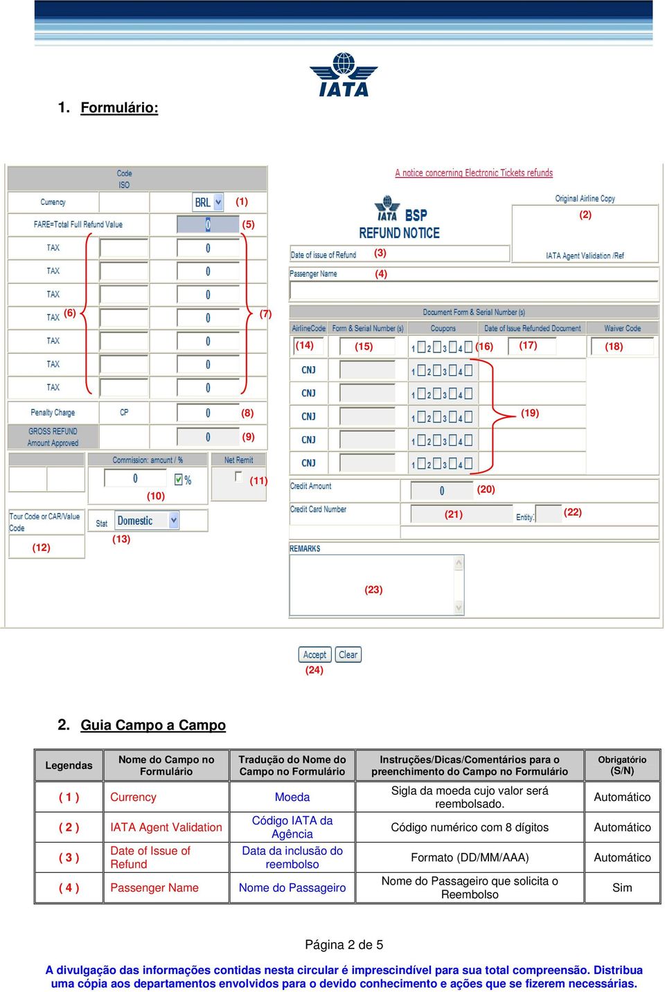 Issue of Refund Código IATA da Agência Data da inclusão do reembolso ( 4 ) Passenger Name Nome do Passageiro Instruções/Dicas/Comentários para o preenchimento