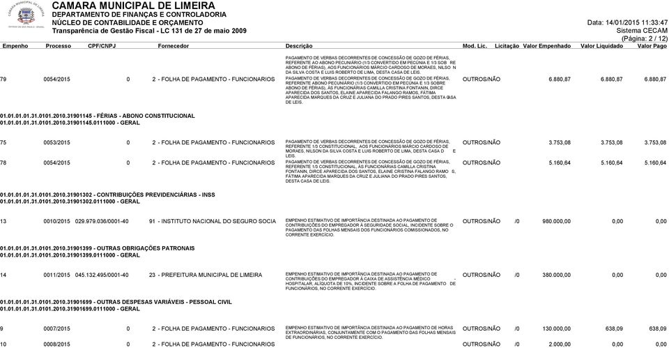 79 0054/2015 0 2 - FOLHA DE PAGAMENTO - FUNCIONARIOS PAGAMENTO DE VERBAS DECORRENTES DE CONCESSÃO DE GOZO DE FÉRIAS, REFERENTE ABONO PECUNIÁRIO (1/3 CONVERTIDO EM PECÚNIA E 1/3 SOBRE ABONO DE