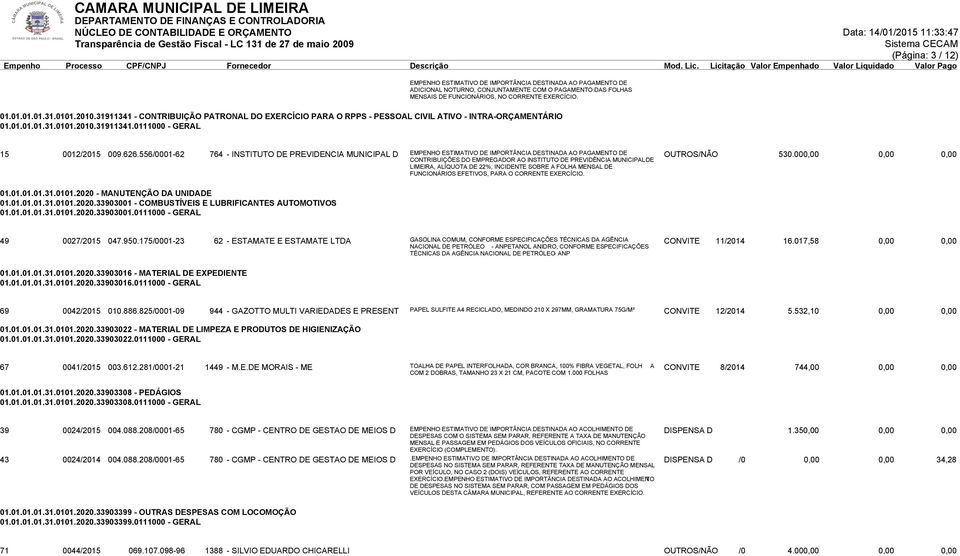 556/0001-62 764 - INSTITUTO DE PREVIDENCIA MUNICIPAL D EMPENHO ESTIMATIVO DE IMPORTÂNCIA DESTINADA AO PAGAMENTO DE CONTRIBUIÇÕES DO EMPREGADOR AO INSTITUTO DE PREVIDÊNCIA MUNICIPAL DE OUTROS/NÃO 530.