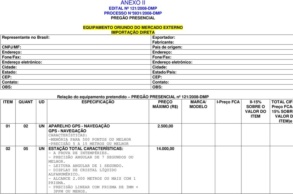 PRESENCIAL nº 121/2008-DMP ITEM QUANT UD ESPECIFICAÇÃO PREÇO MÁXIMO (R$) MARCA/ MODELO 01 02 UN APARELHO GPS - NAVEGAÇÃO GPS - NAVEGAÇÃO CARACTERÍSTICAS: -MEMÓRIA PARA 500 PONTOS OU MELHOR -PRECISÃO