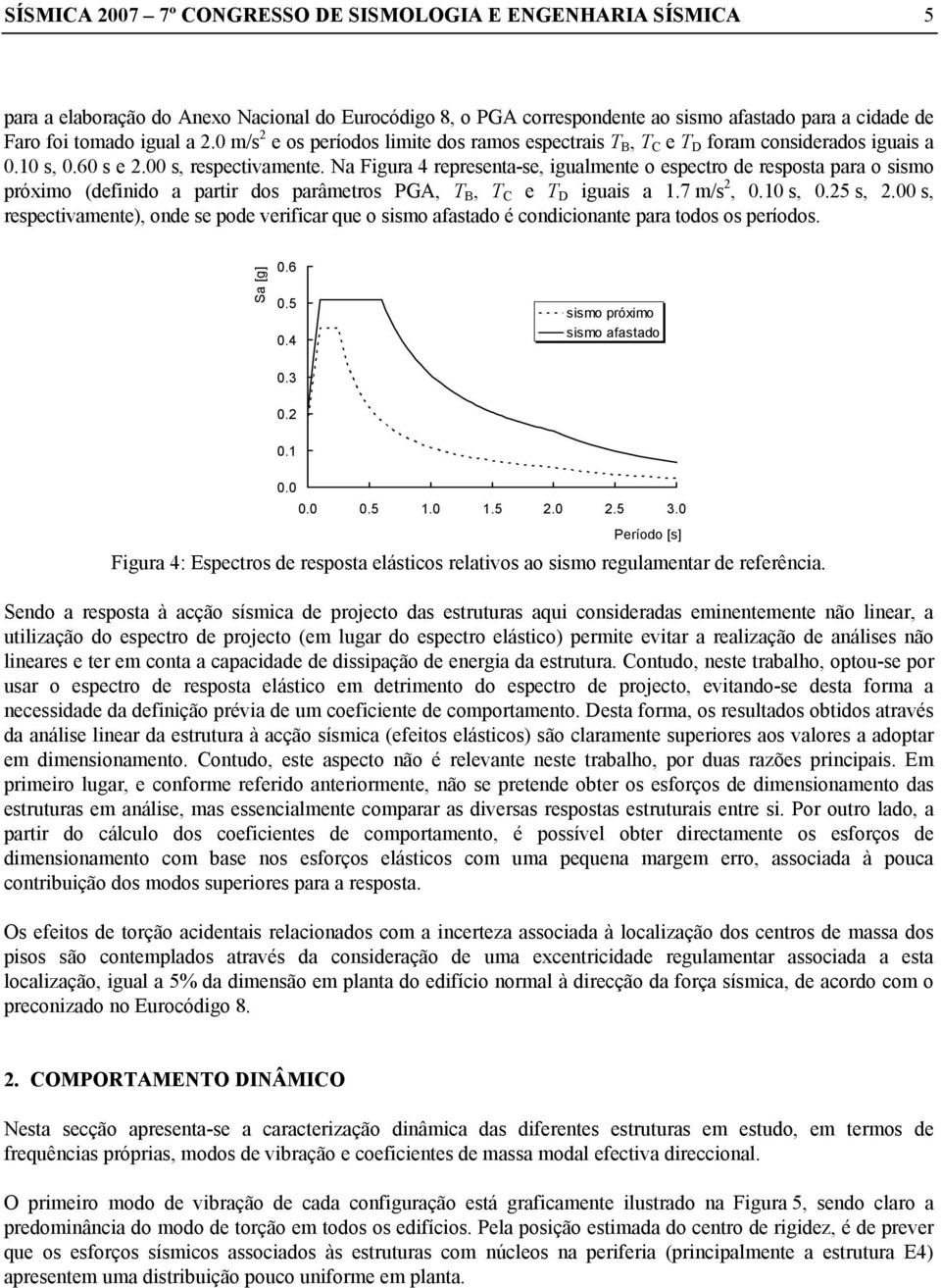 Na Figura 4 representa-se, igualmente o espectro de resposta para o sismo próximo (definido a partir dos parâmetros PGA, T B, T C e T D iguais a 1.7 m/s 2, 0.10 s, 0.25 s, 2.