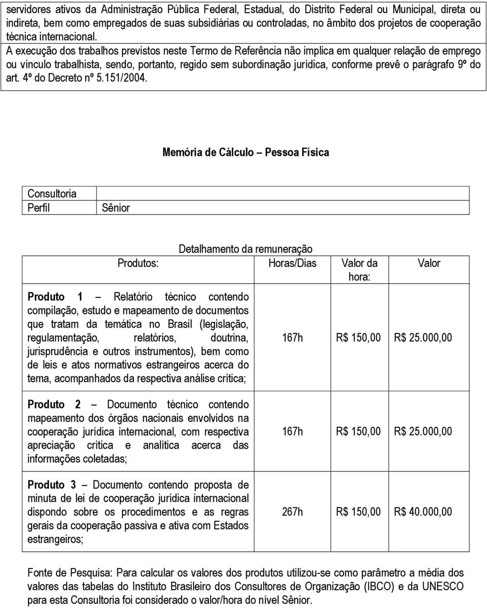 A execução dos trabalhos previstos neste Termo de Referência não implica em qualquer relação de emprego ou vínculo trabalhista, sendo, portanto, regido sem subordinação jurídica, conforme prevê o