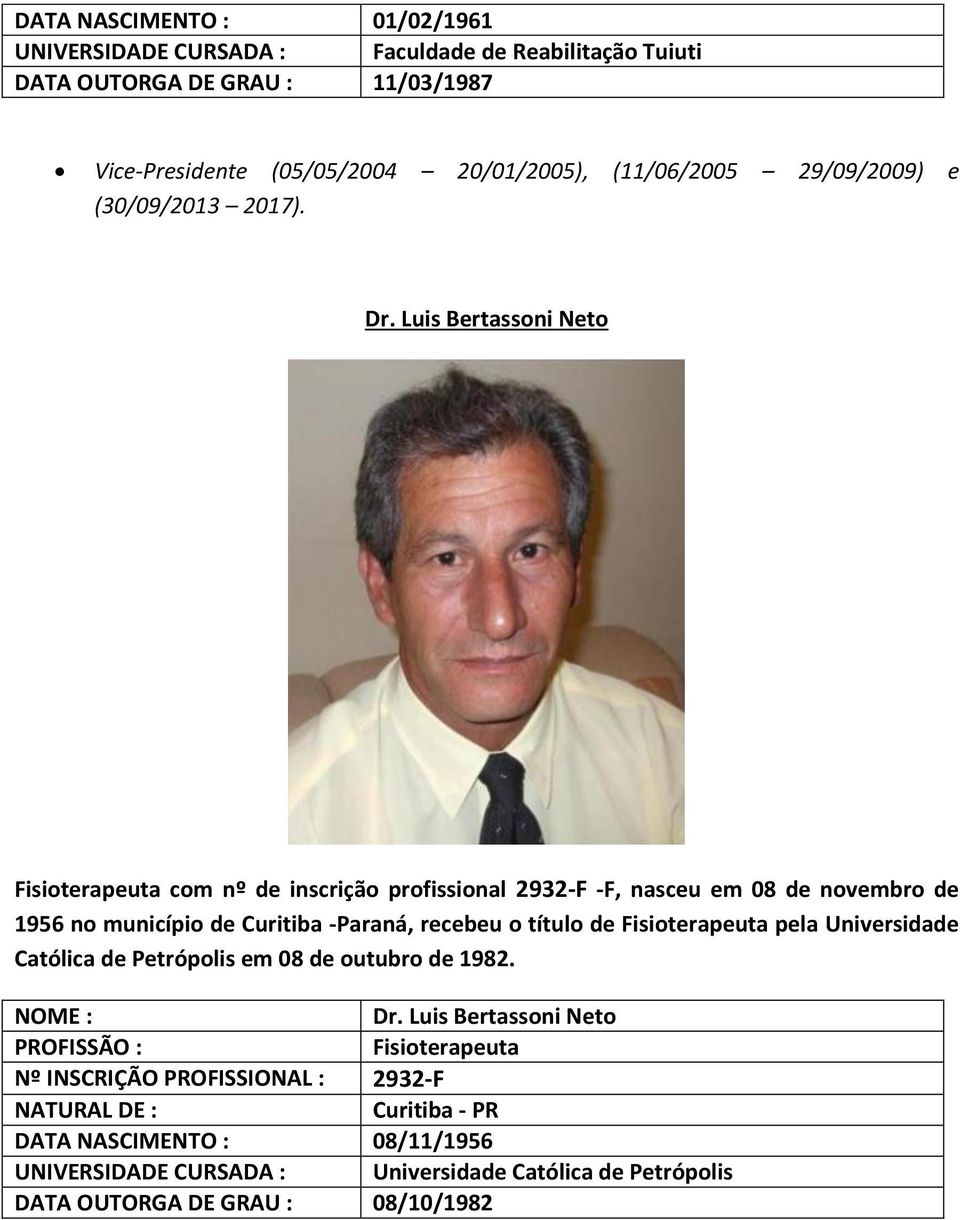 Luis Bertassoni Neto com nº de inscrição profissional 2932-F -F, nasceu em 08 de novembro de 1956 no município de Curitiba -Paraná, recebeu o título de