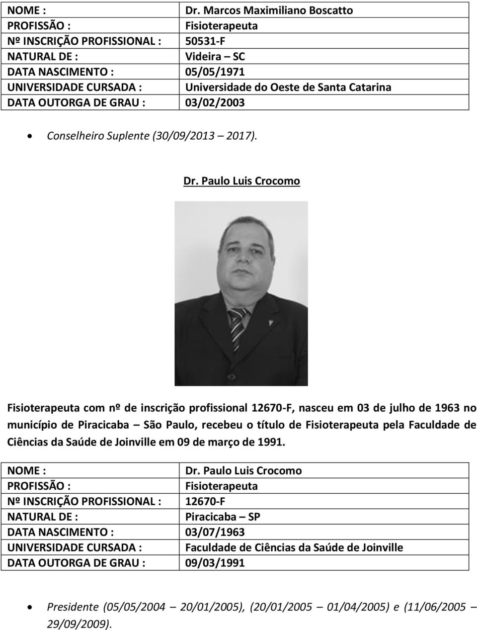 Paulo Luis Crocomo com nº de inscrição profissional 12670-F, nasceu em 03 de julho de 1963 no município de Piracicaba São Paulo, recebeu o título de pela Faculdade de Ciências da Saúde de