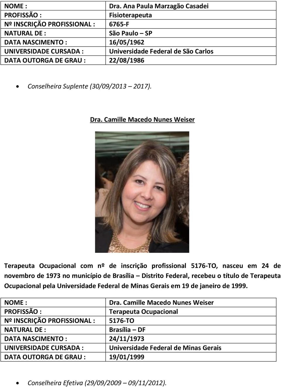Camille Macedo Nunes Weiser Terapeuta Ocupacional com nº de inscrição profissional 5176-TO, nasceu em 24 de novembro de 1973 no município de Brasília Distrito Federal, recebeu o título de Terapeuta