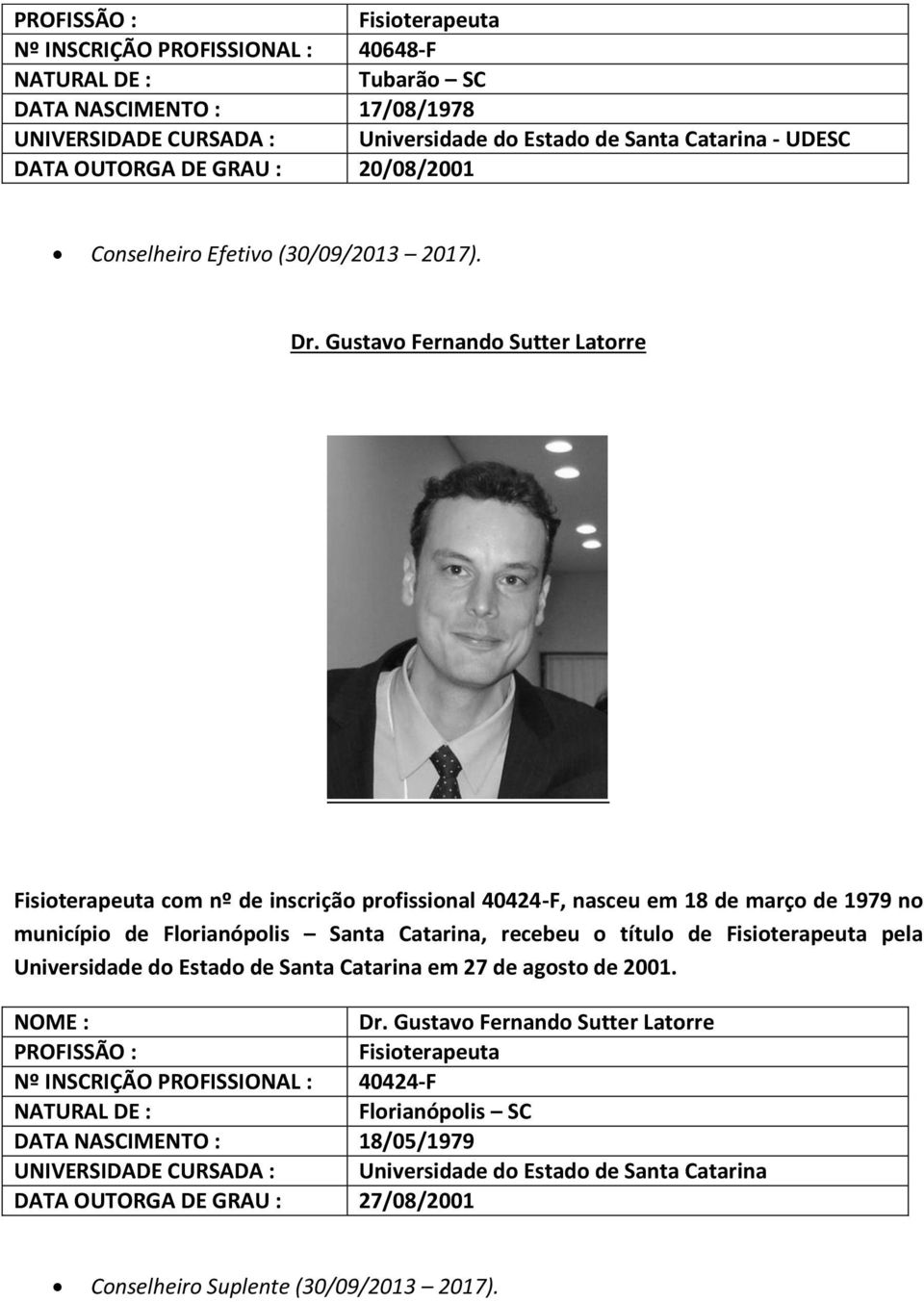 Gustavo Fernando Sutter Latorre com nº de inscrição profissional 40424-F, nasceu em 18 de março de 1979 no município de Florianópolis Santa Catarina, recebeu o título de pela