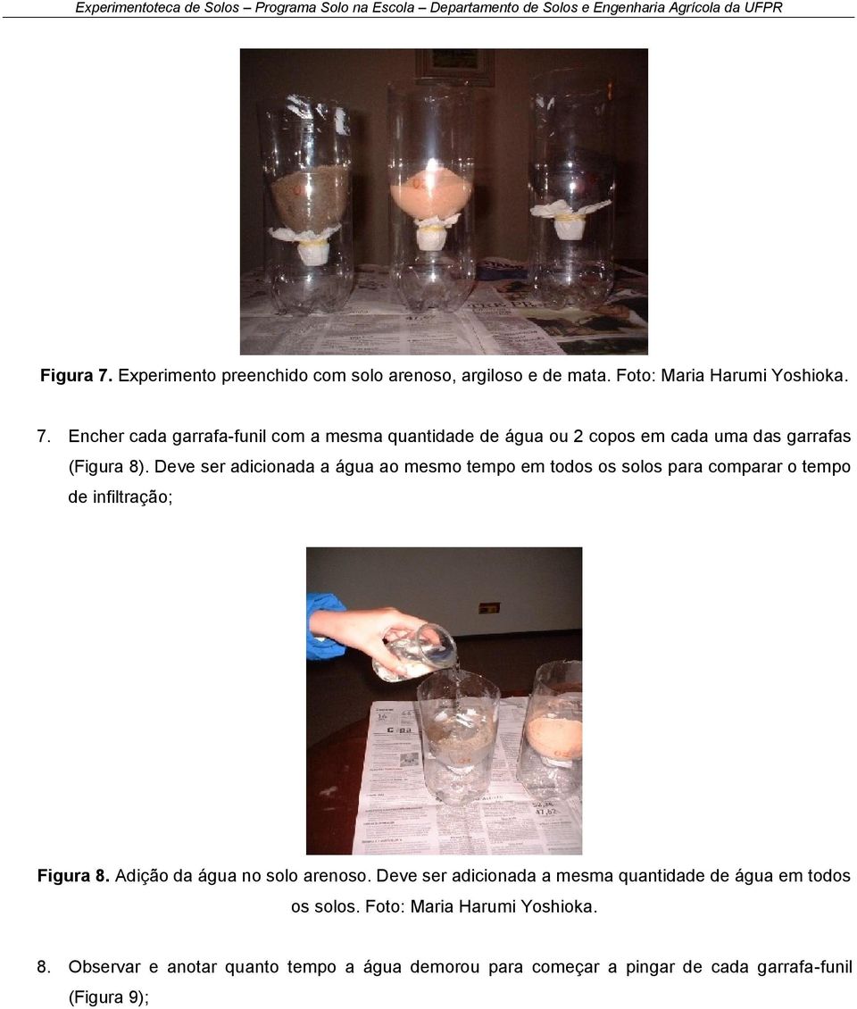 Adição da água no solo arenoso. Deve ser adicionada a mesma quantidade de água em todos os solos. Foto: Maria Harumi Yoshioka. 8.