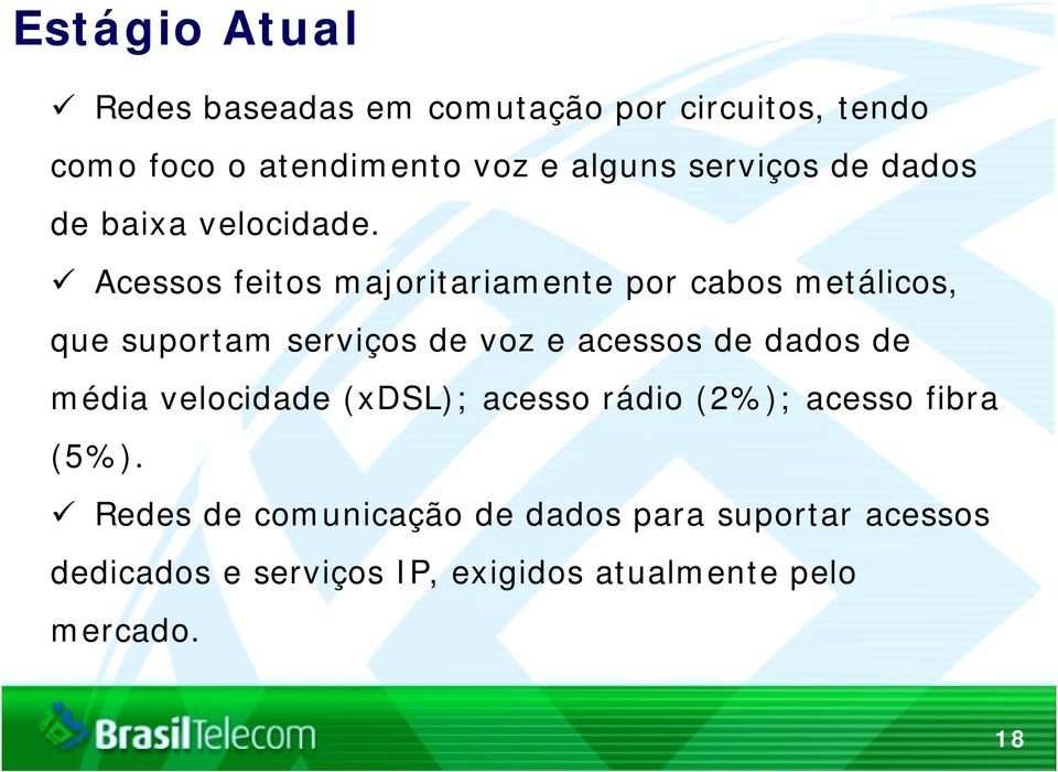 Acessos feitos majoritariamente por cabos metálicos, que suportam serviços de voz e acessos de dados de