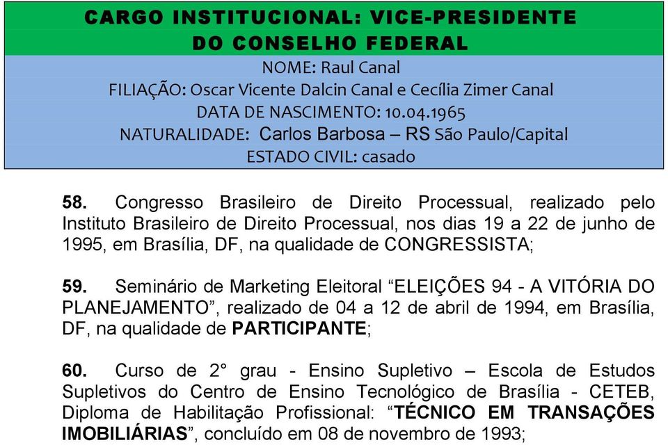 Seminário de Marketing Eleitoral ELEIÇÕES 94 - A VITÓRIA DO PLANEJAMENTO, realizado de 04 a 12 de abril de 1994, em Brasília, DF, na qualidade de