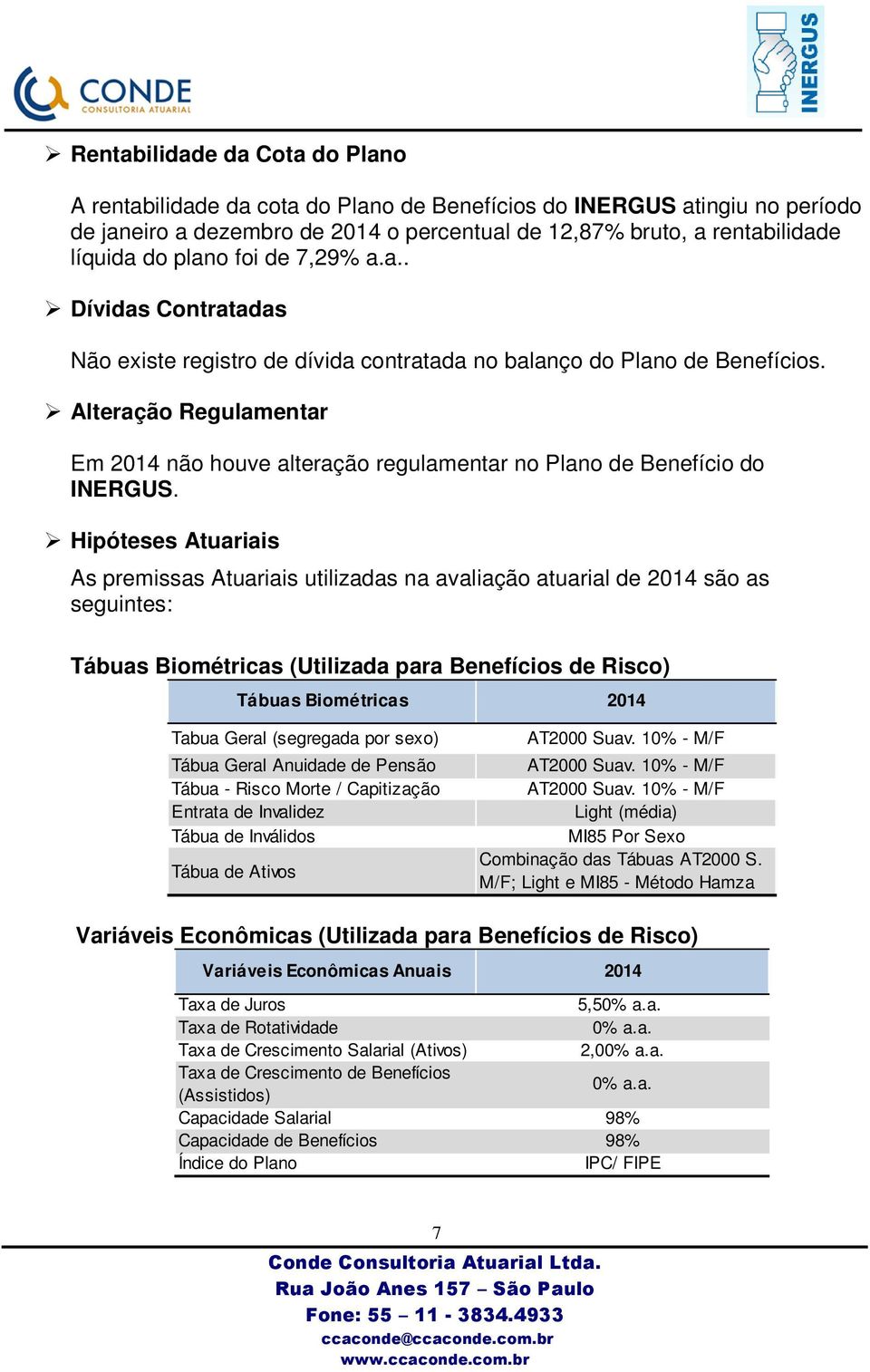 Alteração Regulamentar Em 2014 não houve alteração regulamentar no Plano de Benefício do INERGUS.