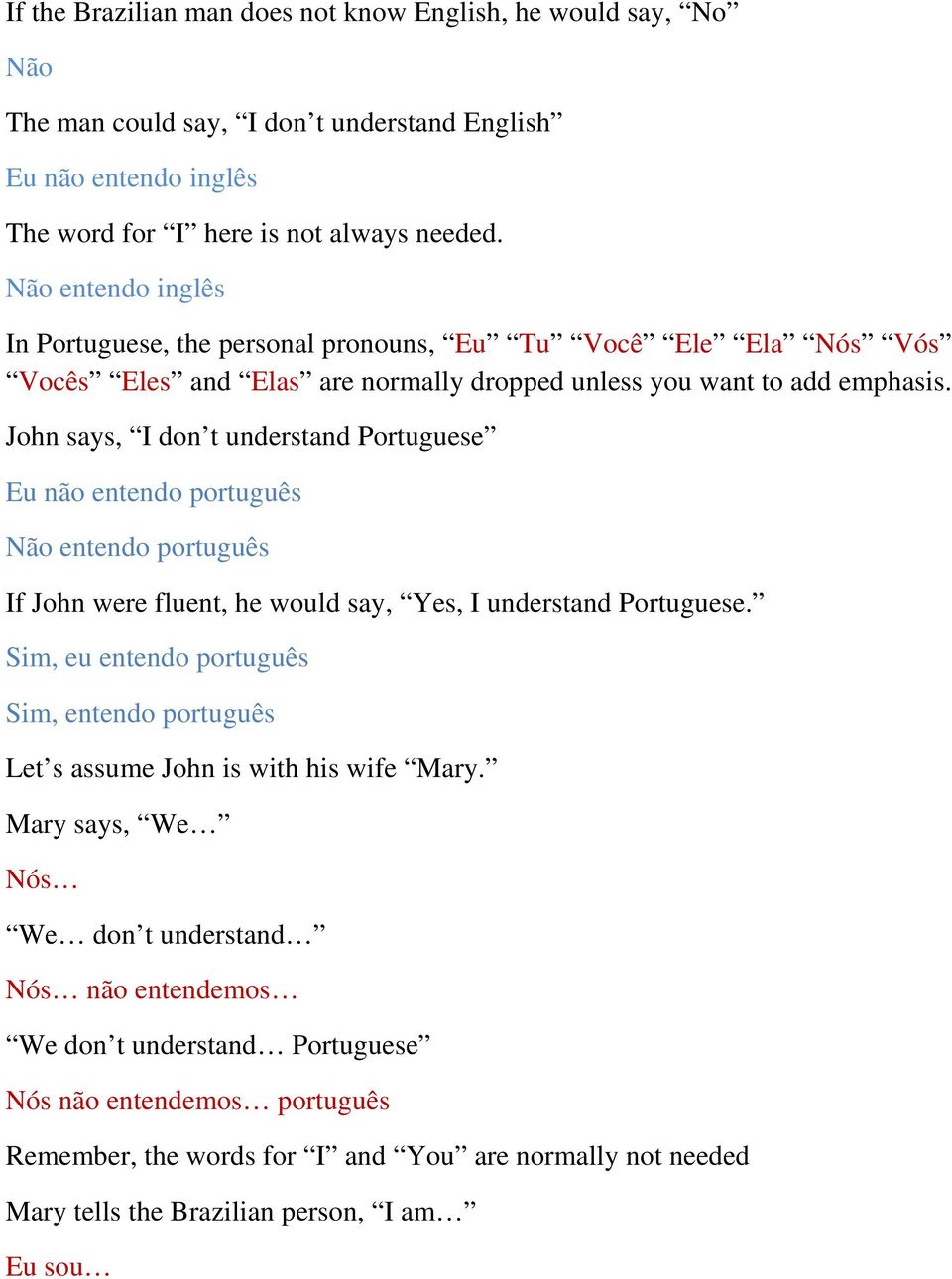 John says, I don t understand Portuguese Eu não entendo português Não entendo português If John were fluent, he would say, Yes, I understand Portuguese.